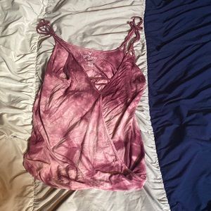 Burgundy tie dye tank top, designs in front, small, made by Soft and Sexy
